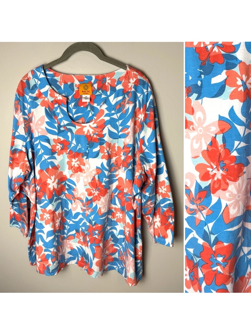 Ruby Rd. Top Plus Size 2X Floral 3/4 Sleeves Cotton Blend Stretch Blue Coral